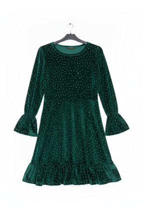 JANES Yeşil Taş Baskılı Kadife Elbise