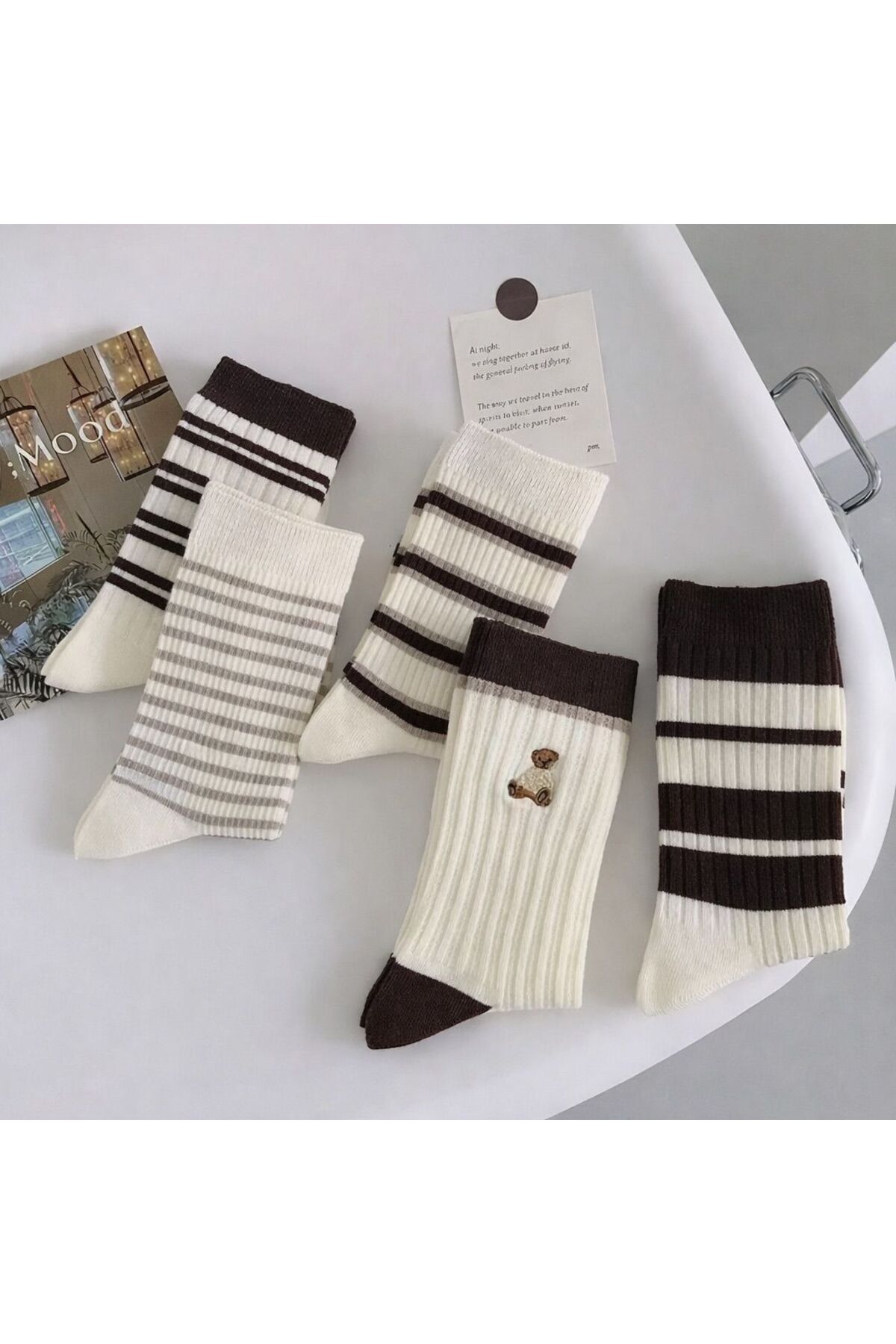 Sky Socks 5'li Ekonomik Paket Ekru - Kahve Desenli Unisex Tenis Çorap Seti görsel 3