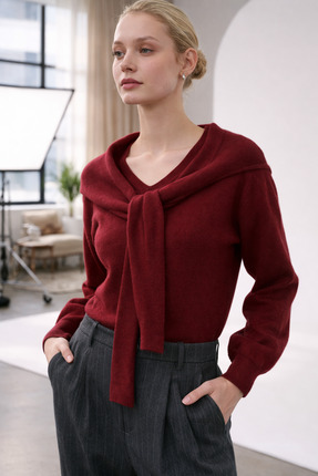 Modeva Global Bordo tonunda, kendinden atkı detaylı, yumuşak dokulu ve şık ta...