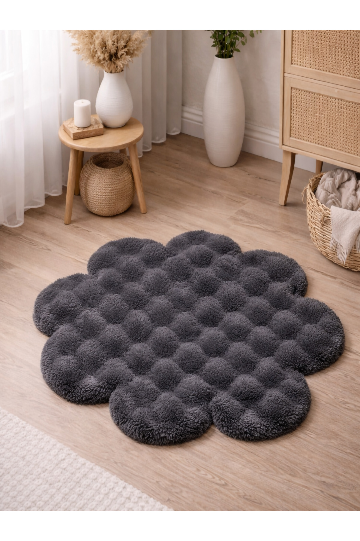 Clover Patterned Buble Anthracite Rug Soft Living Room Rug Modern Minimalist Decorative Rug