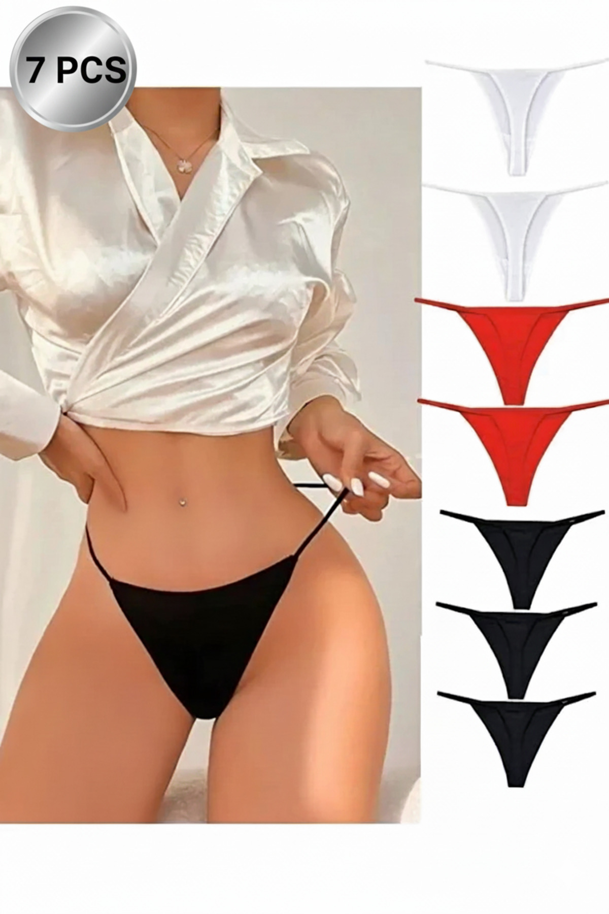 Esnek Vücudu Saran Tanga String Kadın İp Lastikli Külot 7 Adet (Siyah,Beyaz,Kırmızı)