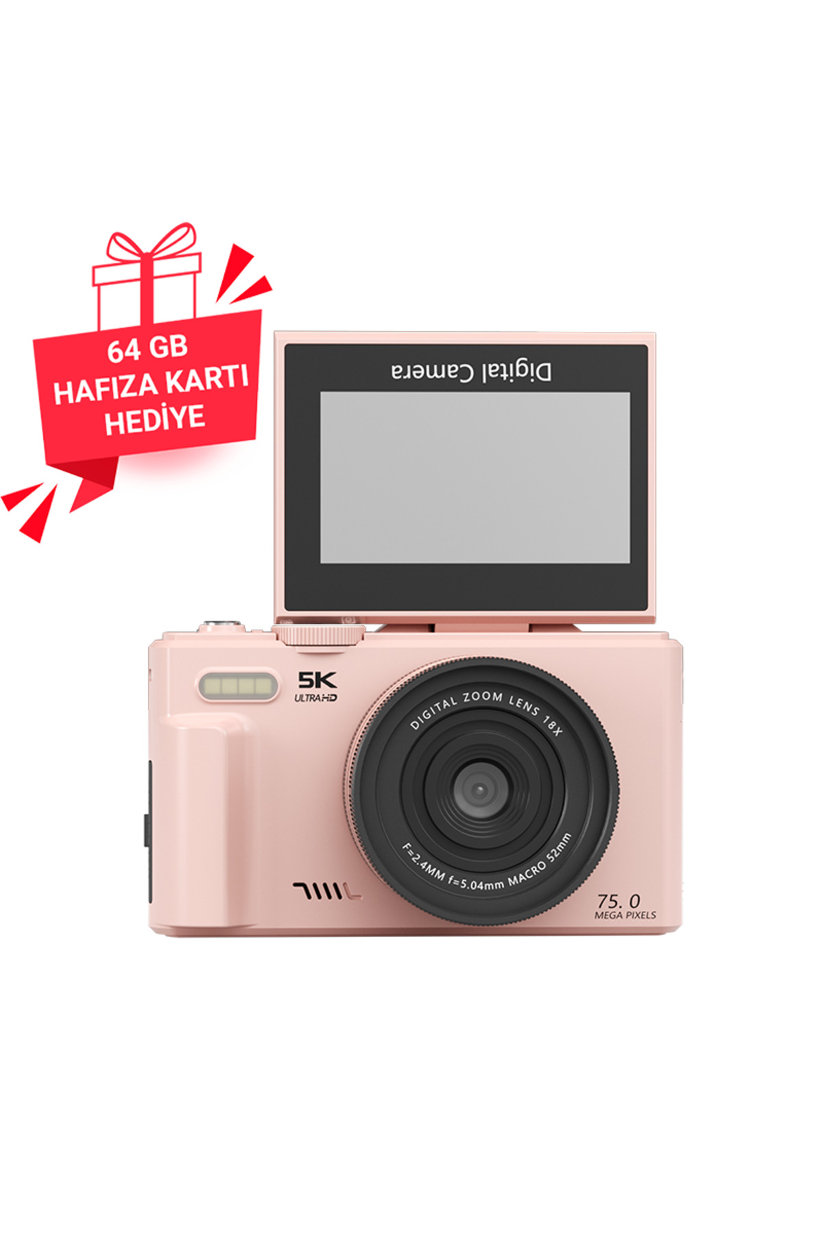 İMEXTECH W1 5K 75MP 18X Zoom Flaşlı 3” Flip Ekranlı Türkçe 64GB Kart Dijital Vlog Fotoğraf Makinesi