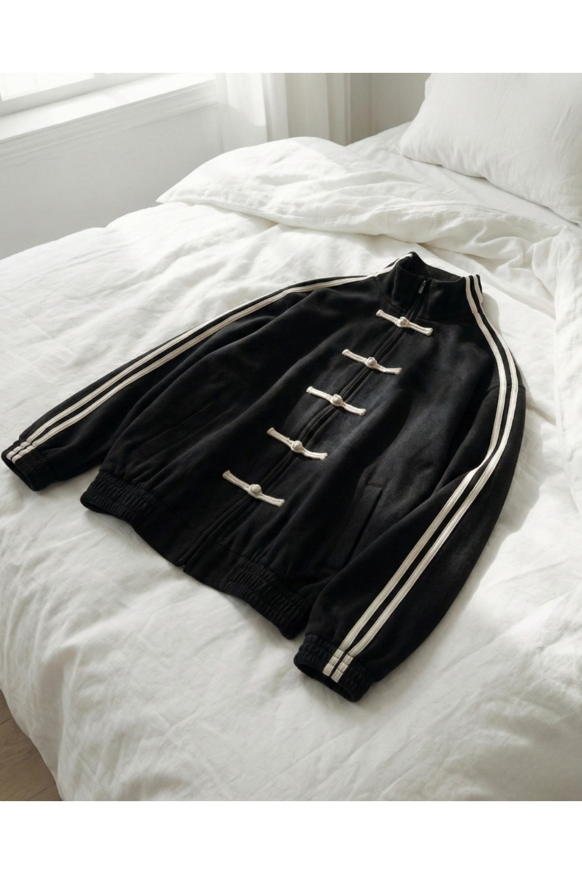 Touz Moda  Çift Çizgili Oversize China Unisex Ceket - Görsel 3