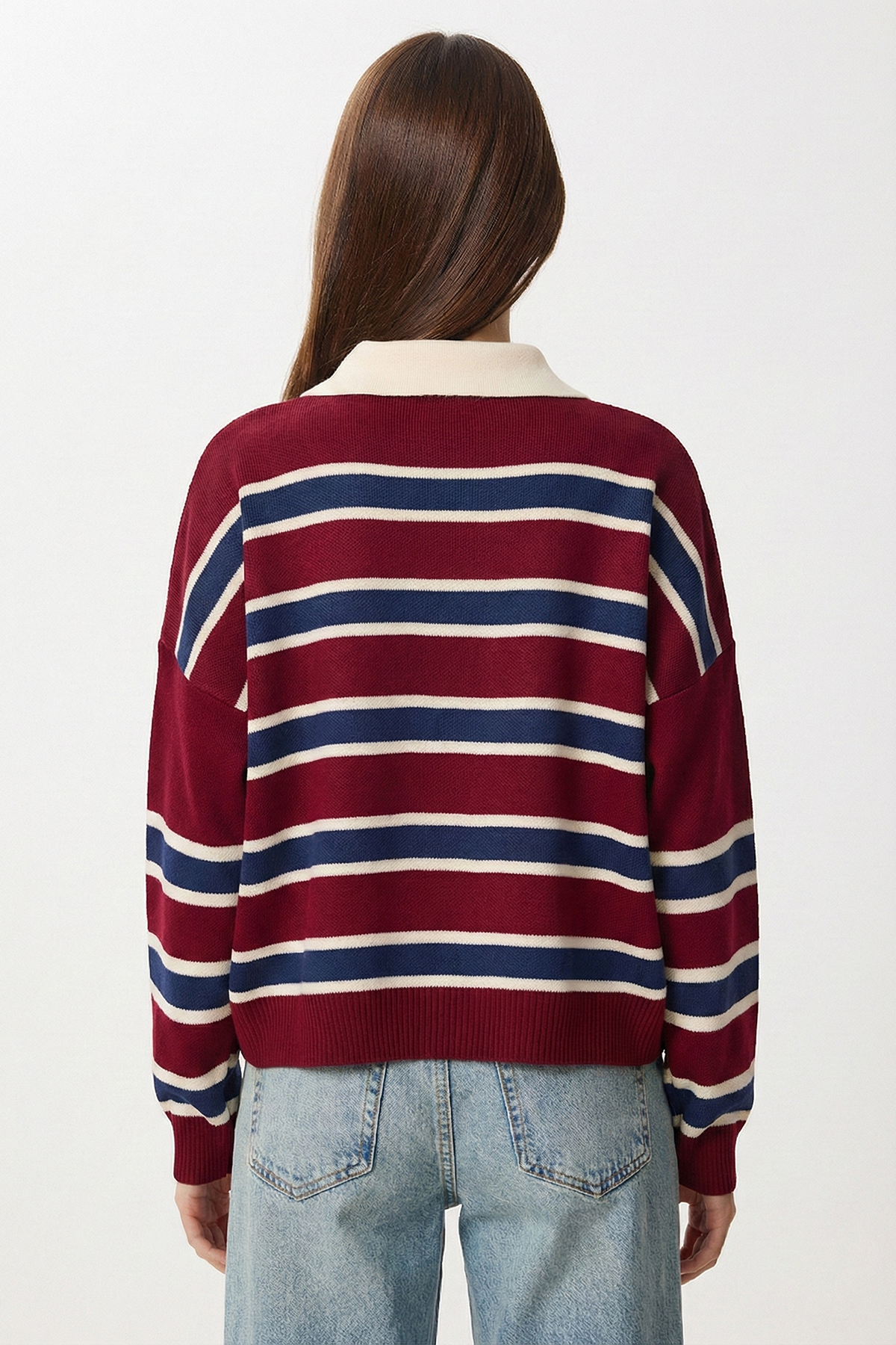 Lovelyİstanbul  Çizgili Polo Yaka Triko Kazak LXA0023 BORDO LACİVERT - Görsel 5