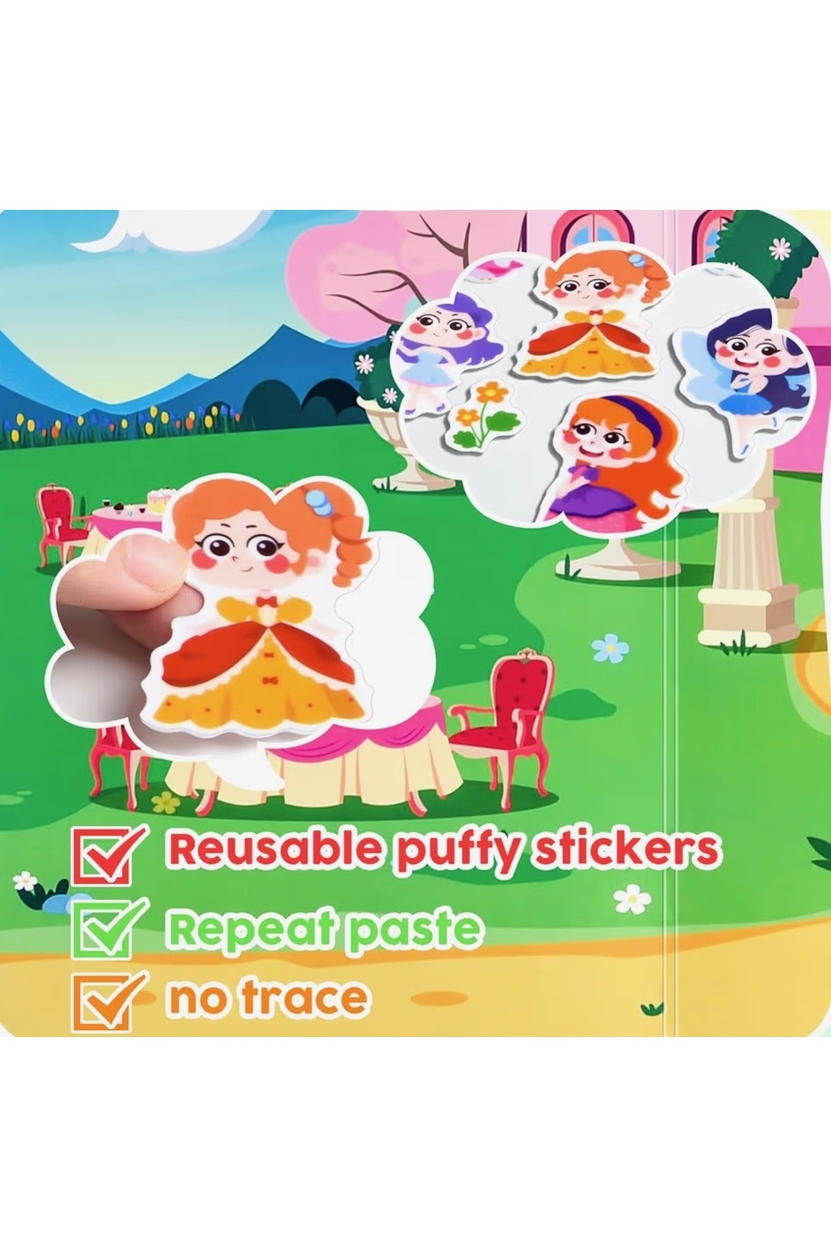 کتاب فعالیت چسب‌چسبی جادویی و دوست‌داشتنی پرنسس، قابل استفاده مجدد، برای سنین ۳ سال به بالا