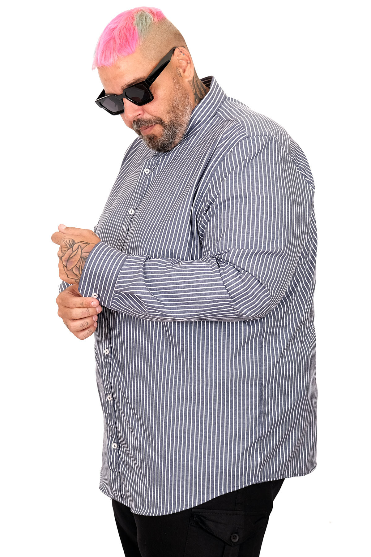 ModeXL Mode XL Büyük Beden Erkek Saten Çizgili Gömlek 20399 görsel 2