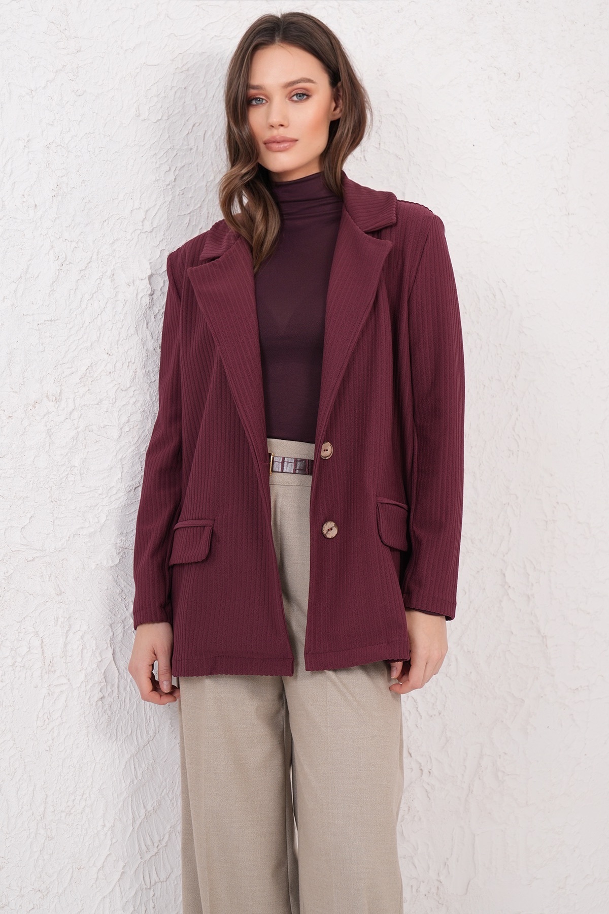 Trend Alaçatı Stili  Bordo Oversize Blazer Ceket ALC-X14776 - Görsel 2