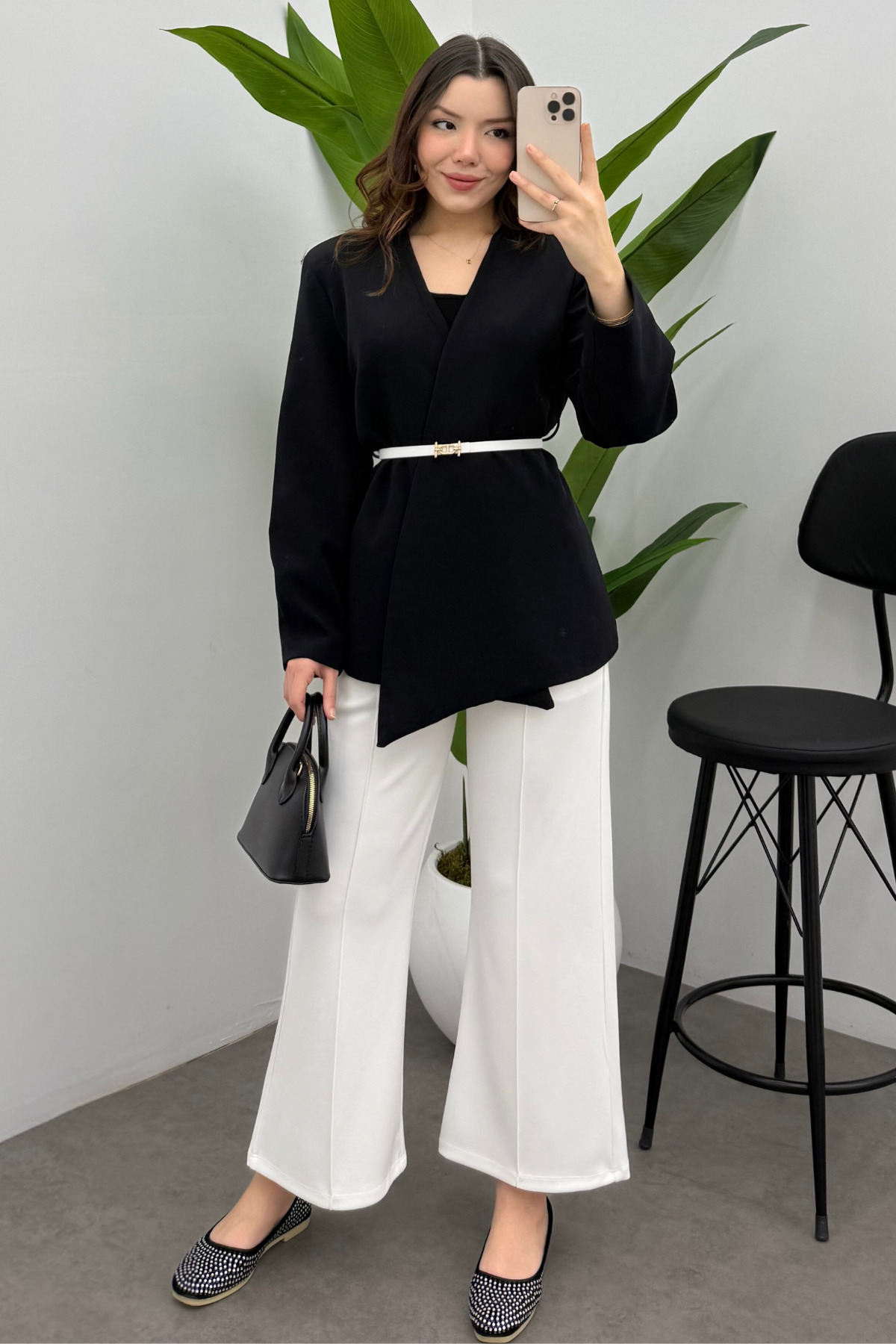 Women's White Rib Detailed Scuba Pants with Pockets