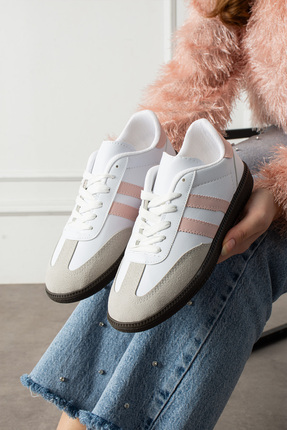 eformoda by emre yılmaz Beyaz Pudra Unisex Kadın Erkek Şeritli Rahat Taban Gü...