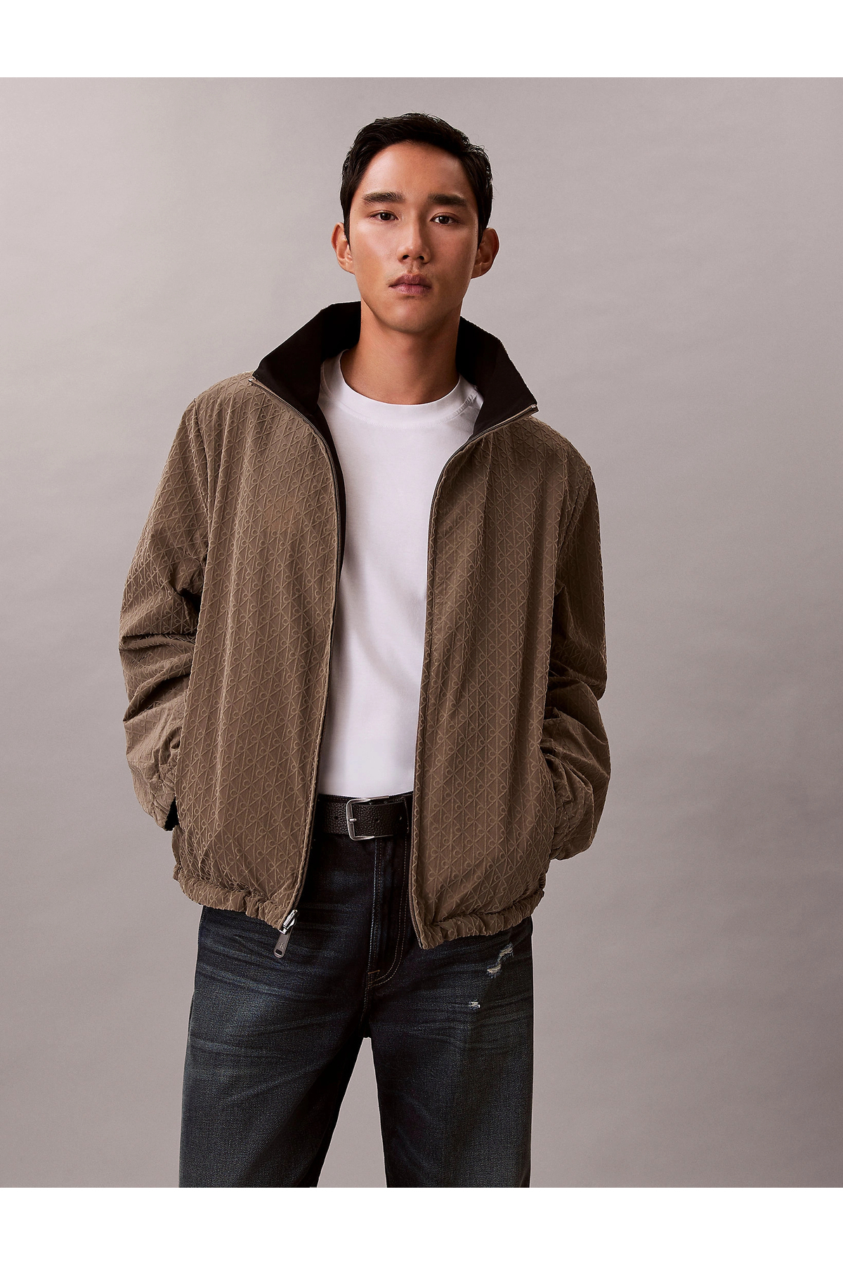 کلوین کلاین کاپشن مردانه خاکستری آستین بلند نایلونی بدون پد، دو رو، تمام چاپ، LV14RE522G-PAY