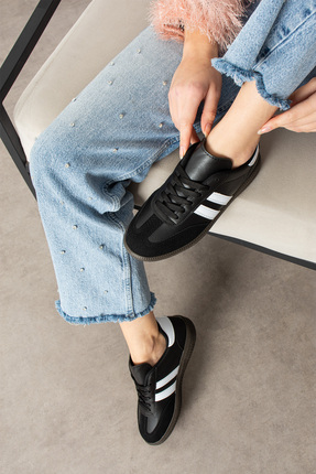 Lugshoes Siyah Beyaz Unisex Kadın Erkek Şeritli Rahat Taban Günlük Sneaker Sp...