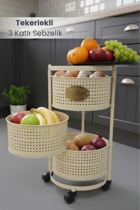 Orvila 3 Katlı Tekerlekli Tepsili Metal Sebzelik Açılır Patates Soğan Meyveli...