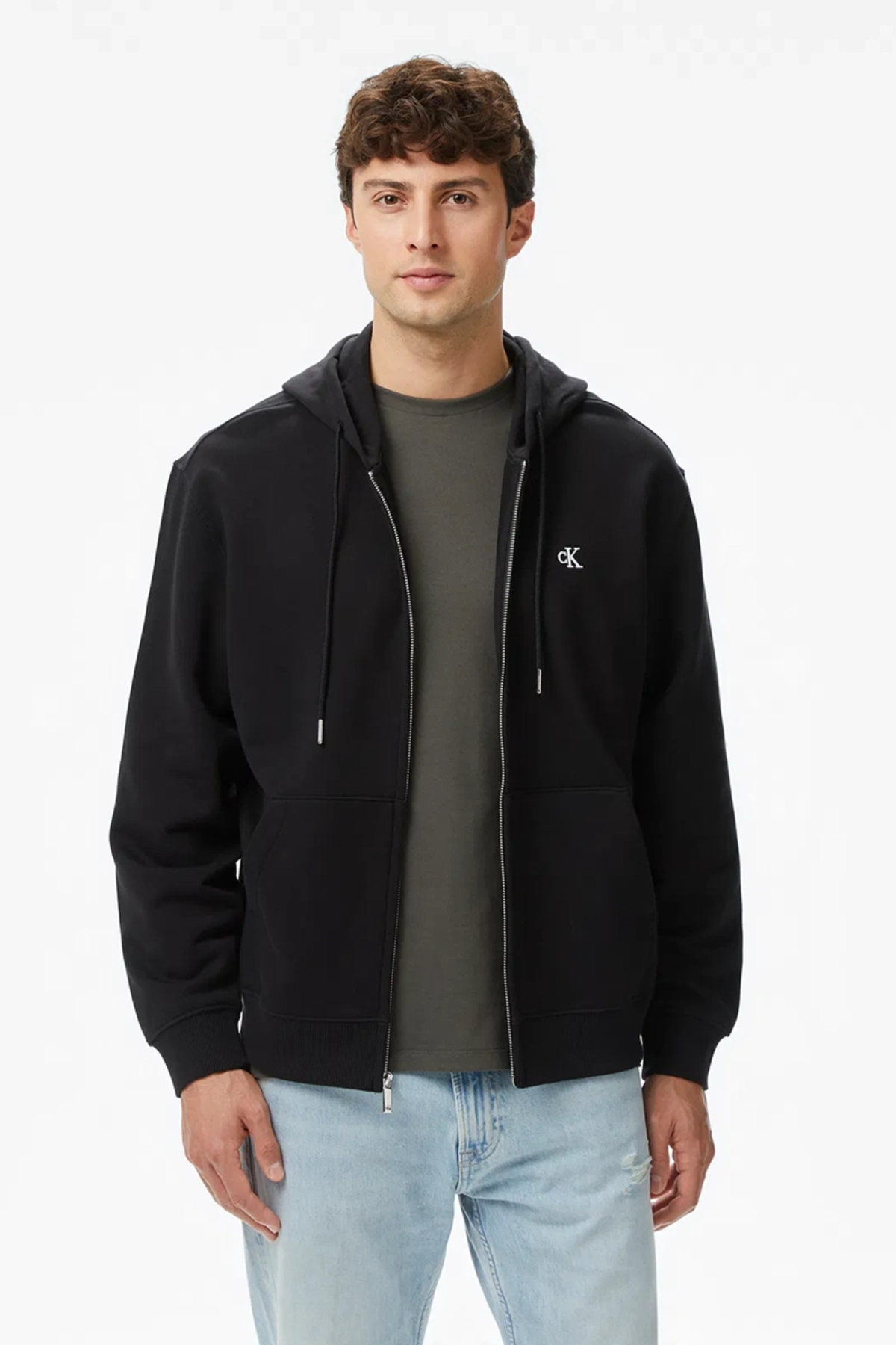 کلوین کلاین تاپ ورزشی مردانه آستین بلند مشکی طرح تری مونوگرام EU 350 با زیپ کامل و کلاه دار LV04