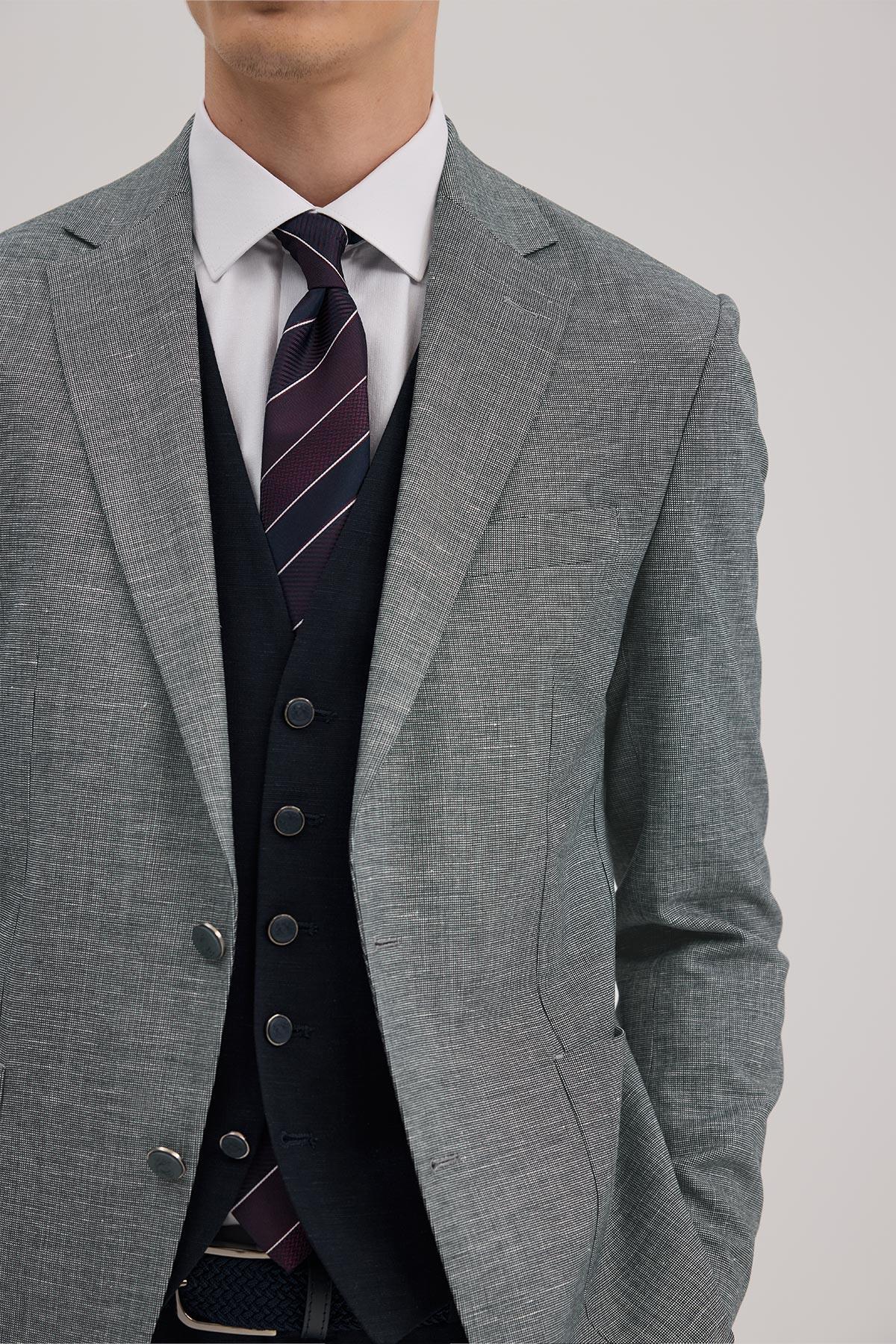 Lacivert Slim Fit Mono Yaka Yelekli Keten Karışımllı Takım Elbise — سرمه‌ای JK39SF02M093 — تصویر 3 از 5