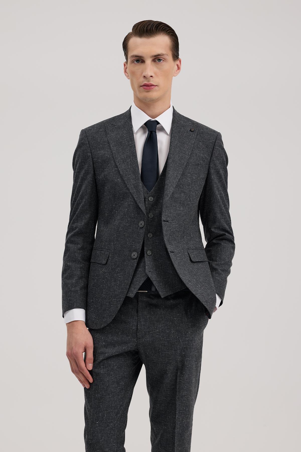 Jakamen Koyu Lacivert Slim Fit Sivri Yaka Yelekli Takım Elbise — سرمه‌ای JK36SF02M108