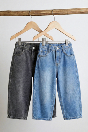 Dmb Beli Lastikli Baggy Kalıp Kız - Erkek Unisex Jean 2 'li Seri