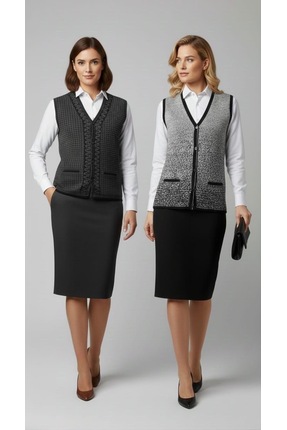 MADAM PARS V-Yaka Triko Yelek 2’Li Kadın V Yaka Desenli Triko Yelek Düğmeli K...