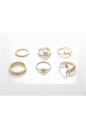 Ervalina 6'lı Zirkon Taşlı Kelebek ve Burgu Model Yüzük Seti