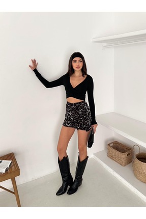 inci bayan giyim KADIN LEOPAR PİLELİ ŞORT ETEK/SİYAH