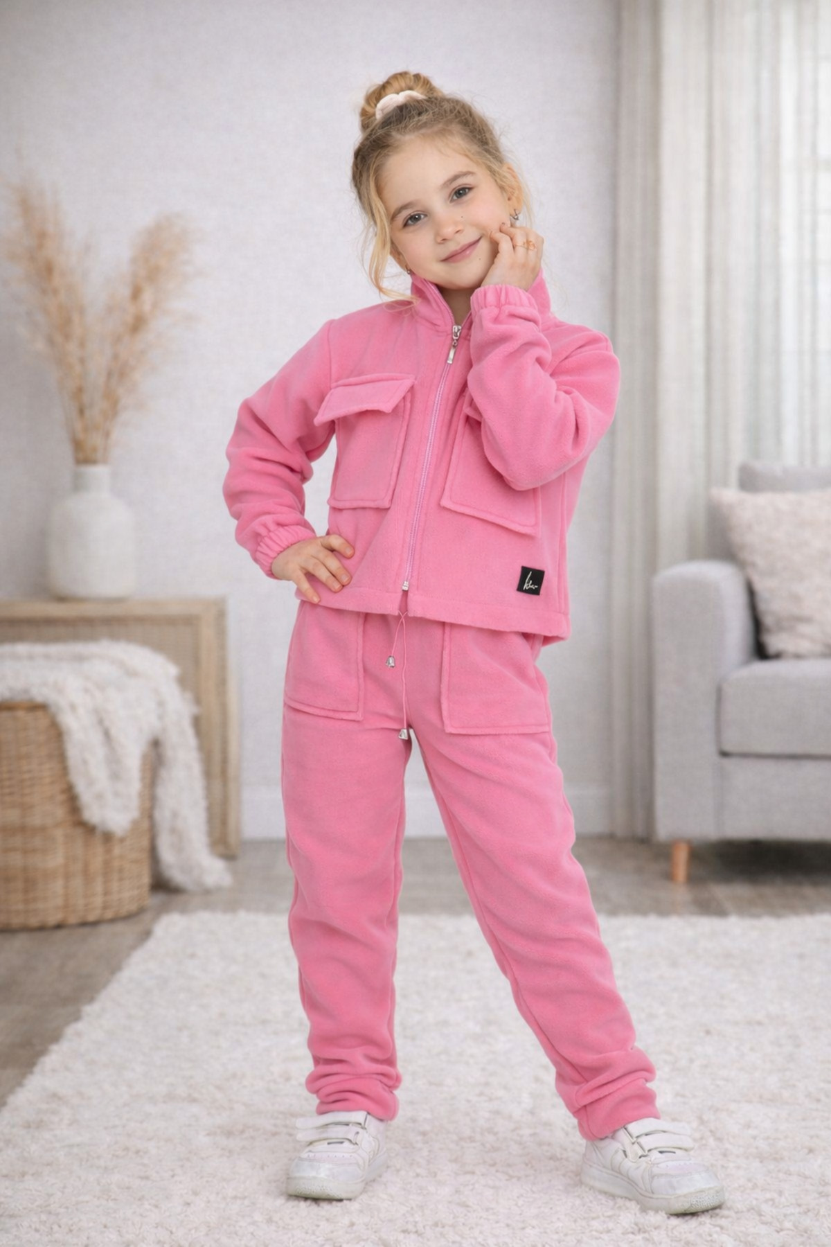 Girls Zippered Fleece Bottom Top Set Tracksuit with Pockets