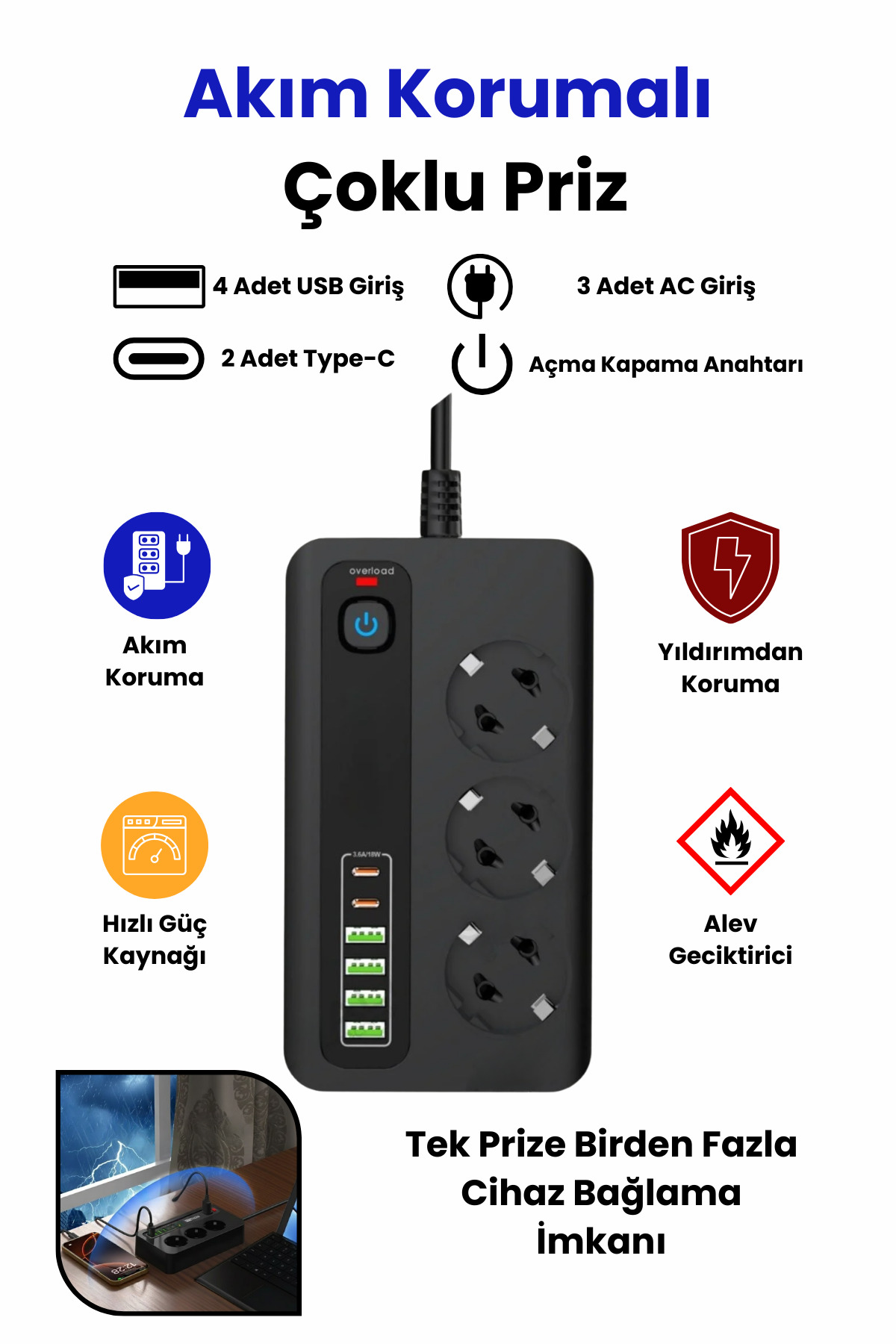 Pro P10 3x Priz 3000W Akım Korumalı 4x USB 2x Type-C Girişli Çoklu Priz