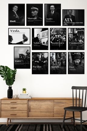 Tasarım Depom 12 Adet (Söz Temalı) Atatürk Resimli Çerçeve Görünümlü Mdf Tabl...