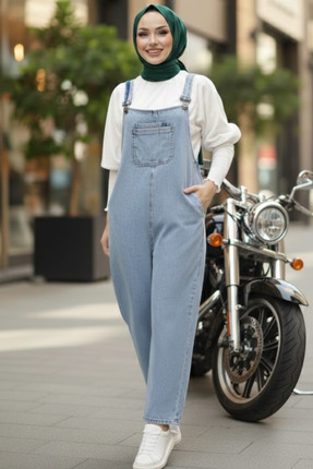 Hb Harma Time Butik Kadın Ayarlanabilir Askılı Cep Detaylı Kot Mavi Tulum