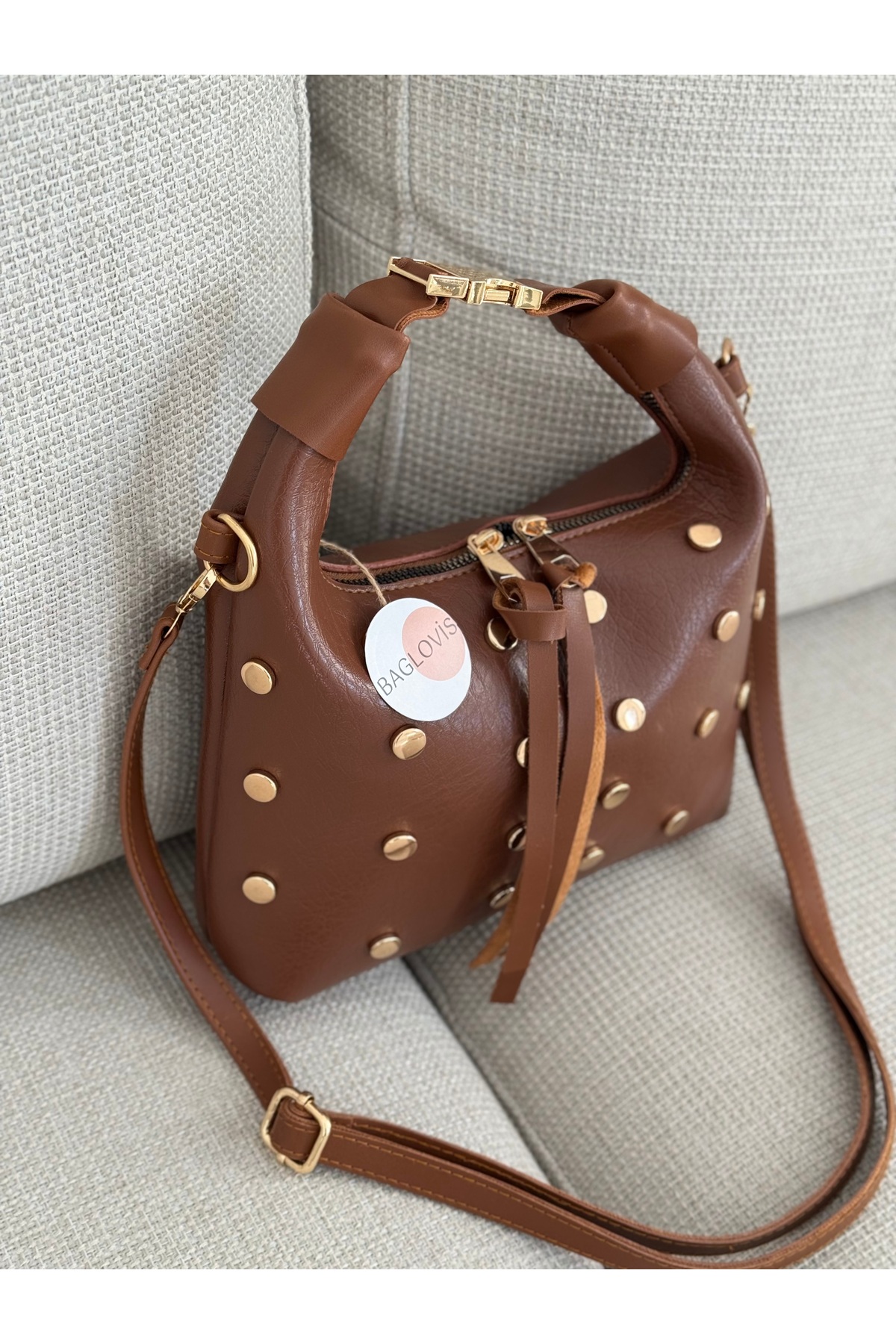 LARGE STRAP LOCK DETAIL TAN WOMEN 'S HANDBAG EN24 BOY16
