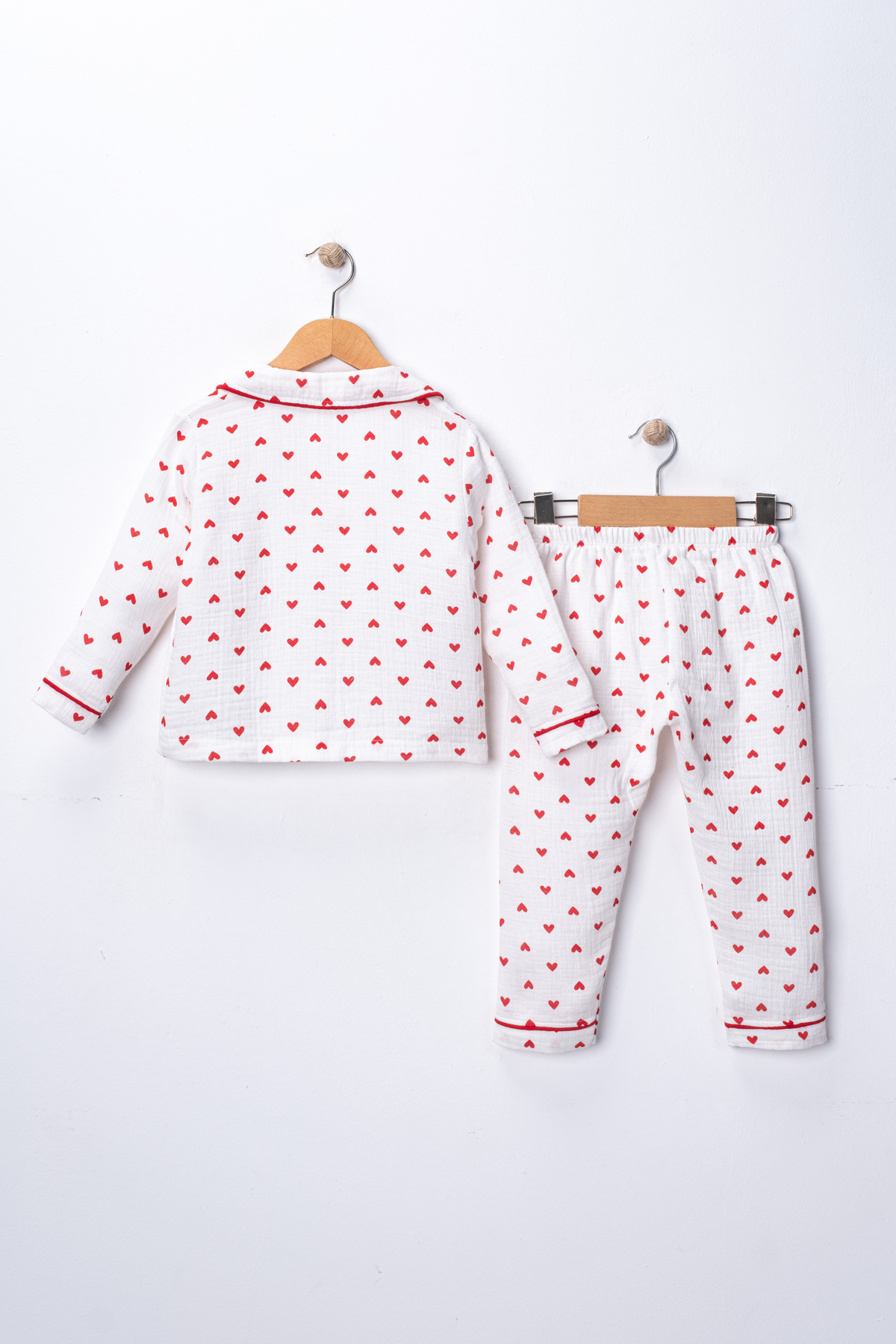 FURYATEX Kız Çocuk %100 Pamuk Organik Çift Katlı Muslin Kırmızı Kalp Desenli 2’li Pijama Takımı fotoğrafı 6 (önizleme)