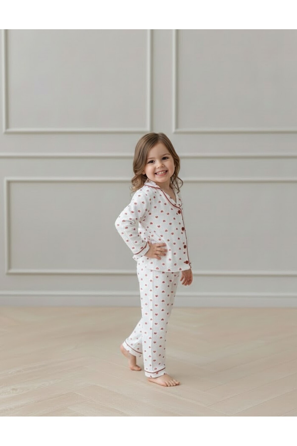 FURYATEX Kız Çocuk %100 Pamuk Organik Çift Katlı Muslin Kırmızı Kalp Desenli 2’li Pijama Takımı fotoğrafı 3 (önizleme)