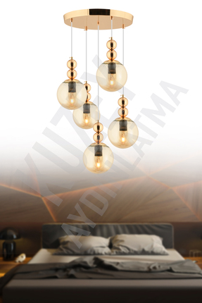 KUZEY AYDINLATMA ŞİMAL 5 Lİ GOLD GLOP CAMLI MODERN ŞIK KLASİK AVİZE AYDINLATMA