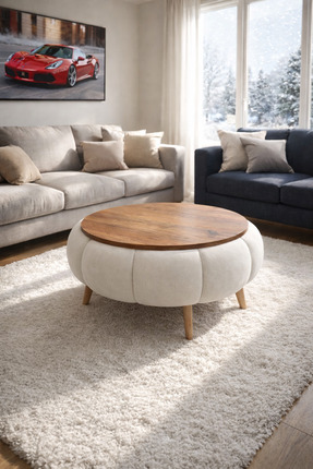 arge demo Felix Wellsoft Krem Kumaş Kaplamalı Yuvarlak Orta Sehpa