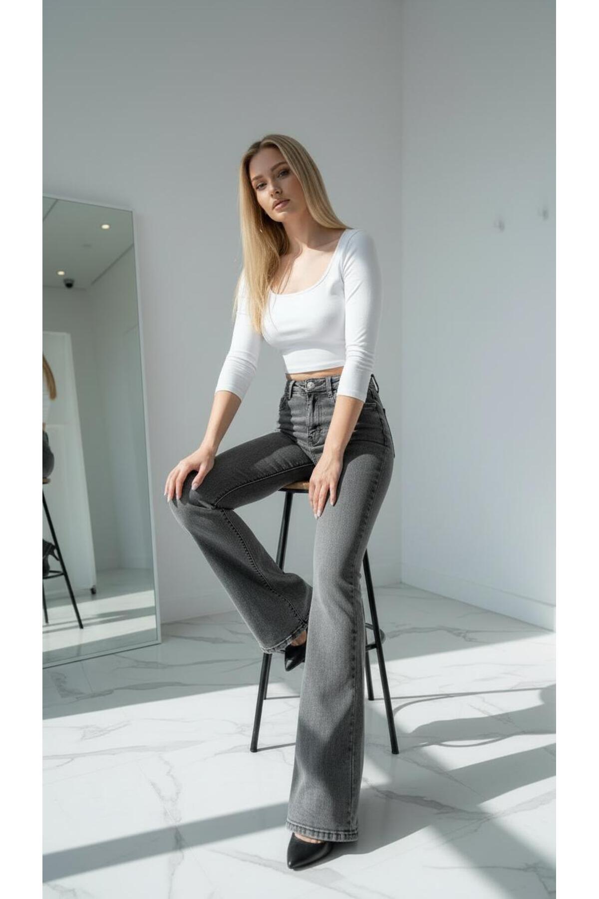 comfort jeans  Likralı Kar Gri Kadın Ispanyol Paça Kot Pantolon Yüksek Bel Jeans Toparlayıcı( Extra Rahat) - Görsel 3