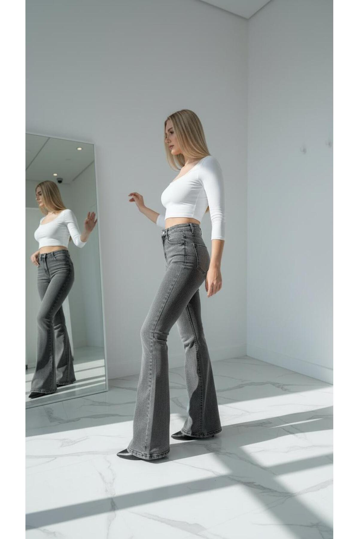 comfort jeans  Likralı Kar Gri Kadın Ispanyol Paça Kot Pantolon Yüksek Bel Jeans Toparlayıcı( Extra Rahat) - Görsel 4