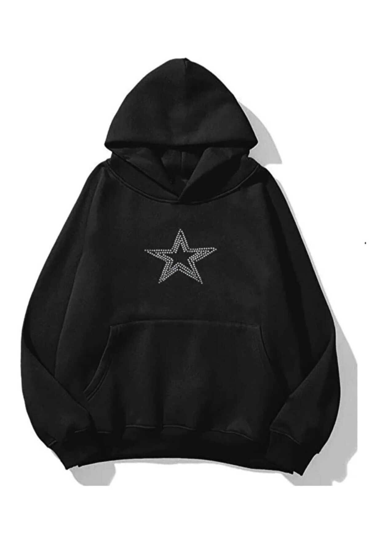 COHERENT Unisex Erkek/Kadın YILDIZ Renkli TAŞ BASKILI Pamuklu Oversize Kapüşonlu Sweatshirt