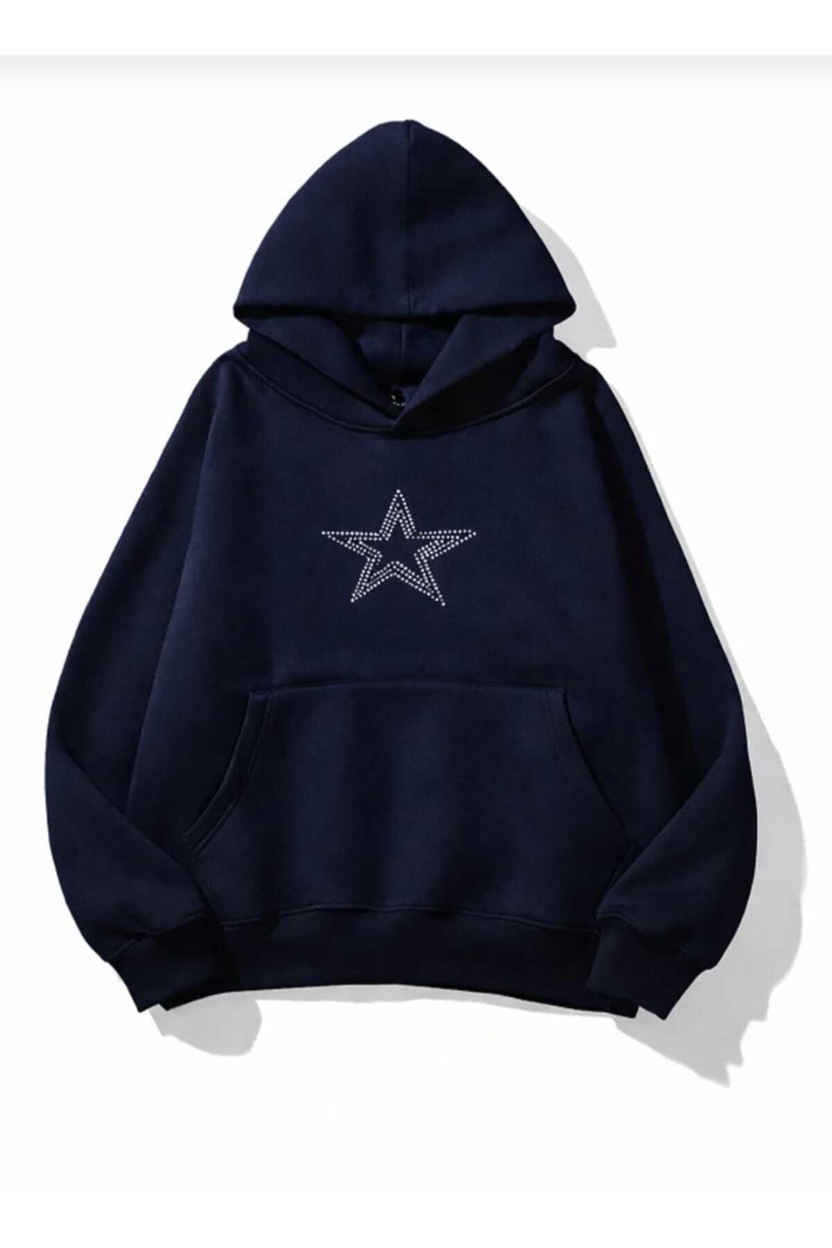 COHERENT  Unisex Erkek/Kadın YILDIZ Renkli TAŞ BASKILI Pamuklu Oversize Kapüşonlu Sweatshirt