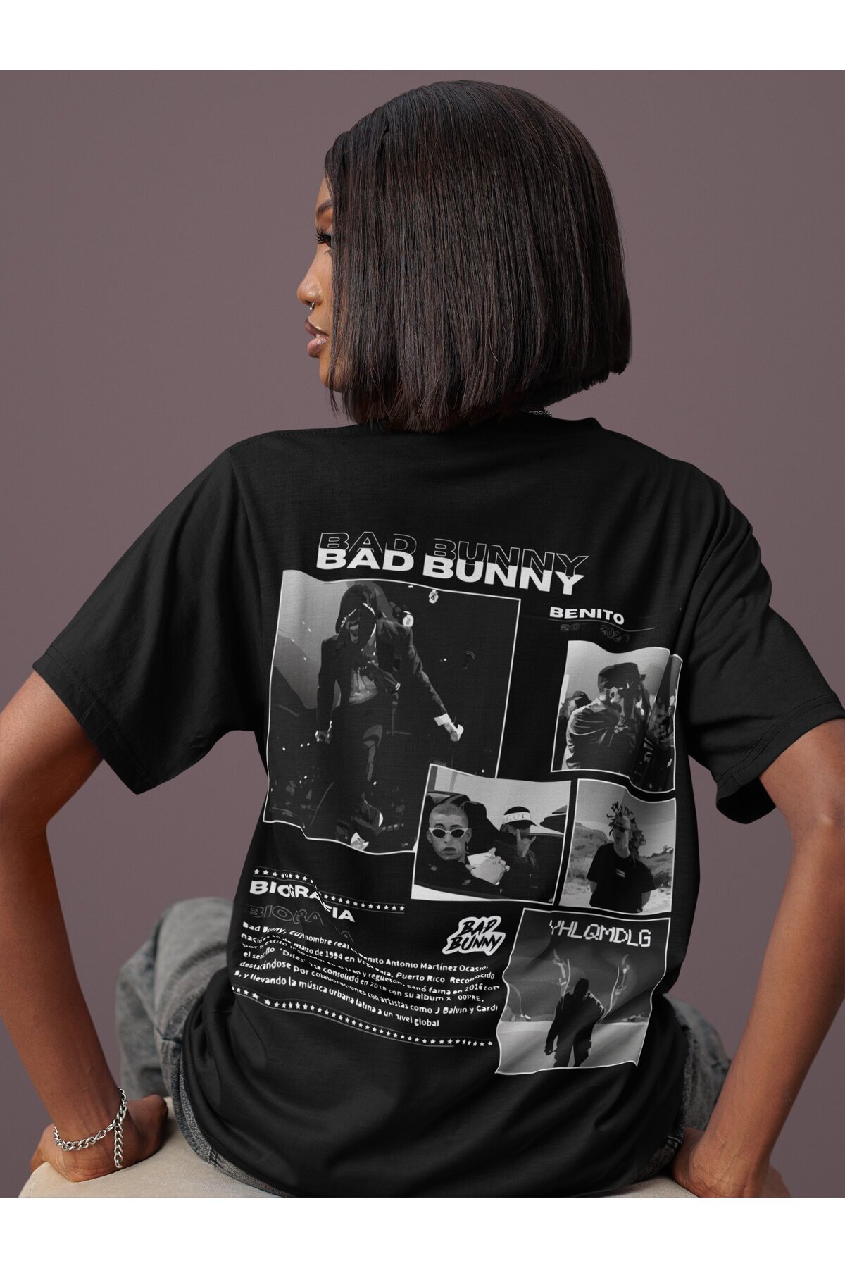 BAD BUNNY Tシャツ ブラック SEVBANO Tasarım Bad Bunny Sırt Baskılı Unisex Oversize Rapper