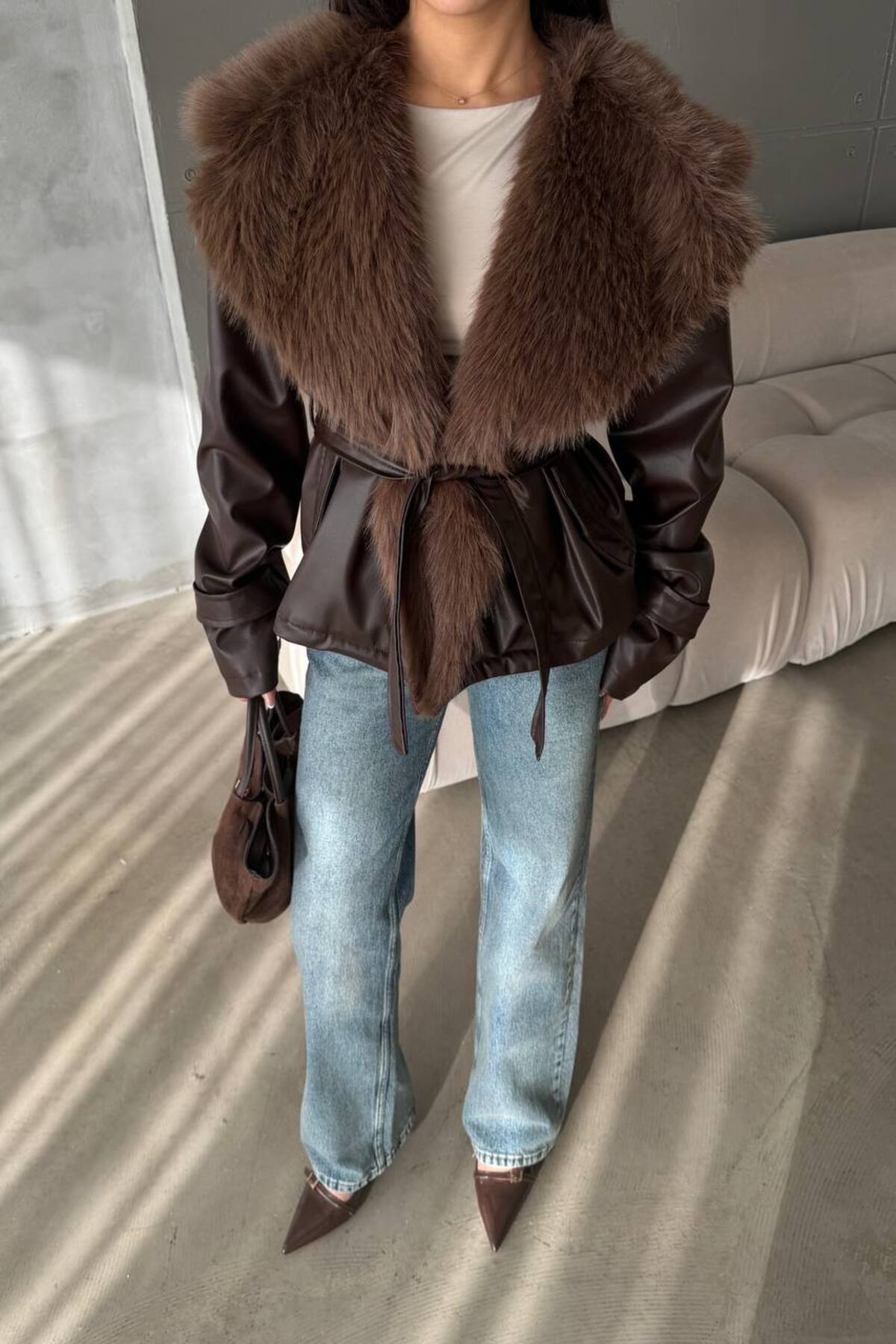 ÖNER  Yeni Sezon Kadın Deri Mont Kürk Yaka Mont Deri Kürk Yaka Deri Ceket Mont Kadın - Görsel 3