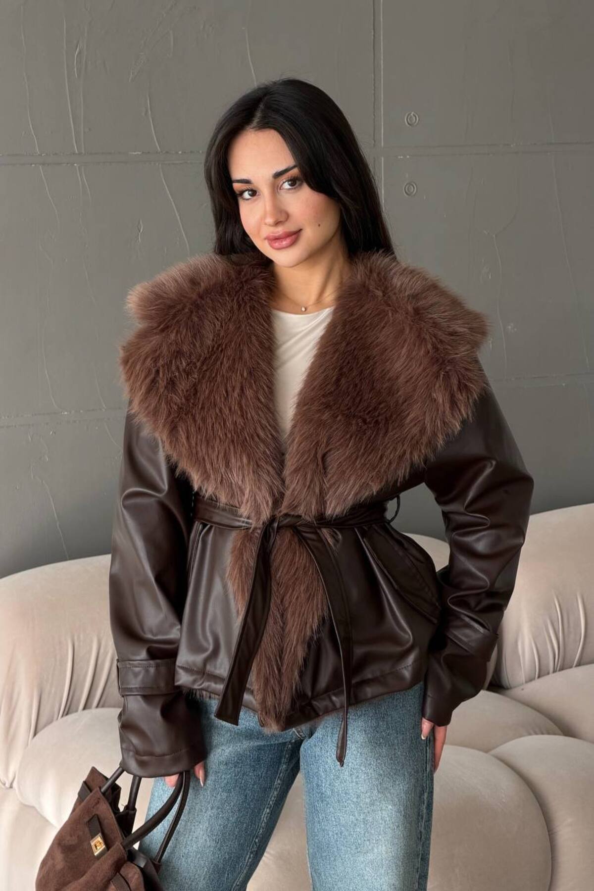 ÖNER  Yeni Sezon Kadın Deri Mont Kürk Yaka Mont Deri Kürk Yaka Deri Ceket Mont Kadın - Görsel 2