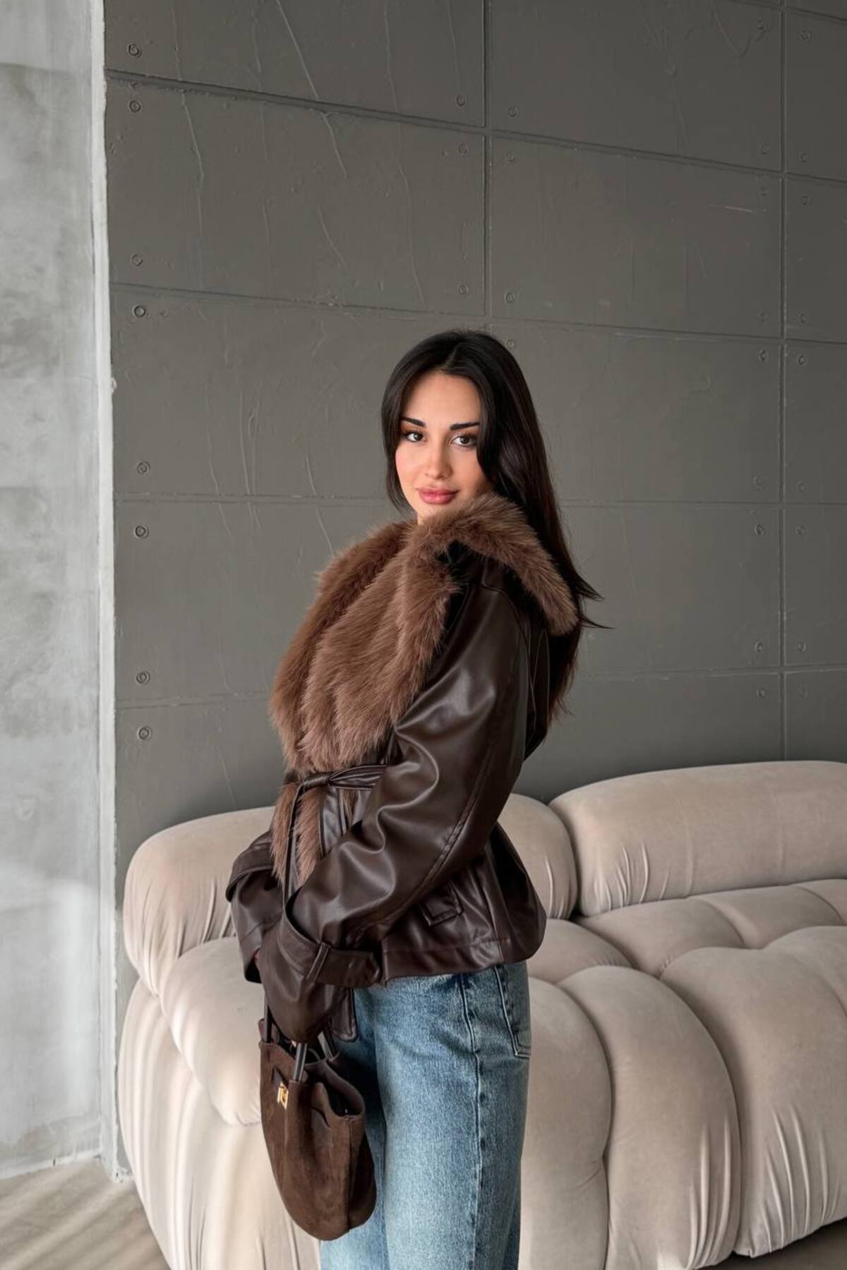 ÖNER  Yeni Sezon Kadın Deri Mont Kürk Yaka Mont Deri Kürk Yaka Deri Ceket Mont Kadın - Görsel 7