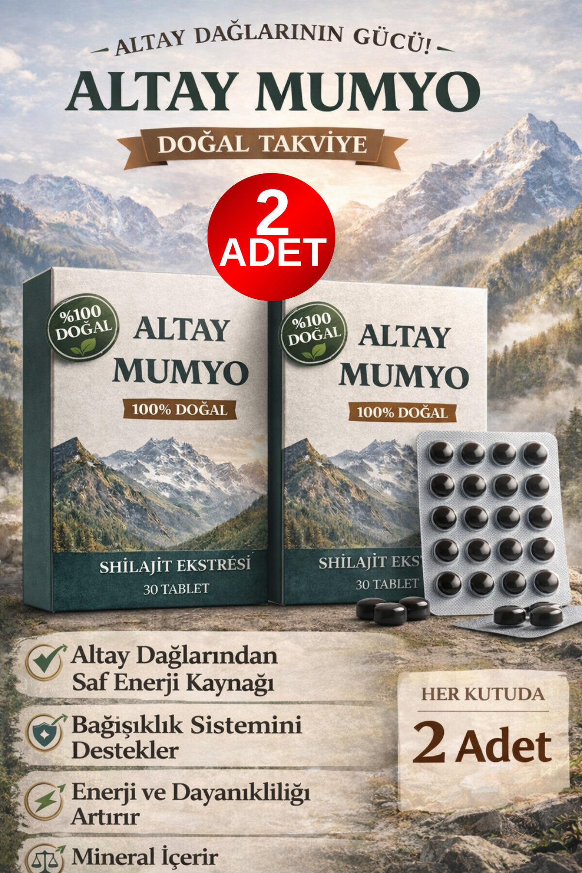 ALTAY MUMYO 2 Adet Saf Mumiyo 30’lu Tablet - Doğal İçerik | Takviye Edici Gıda
