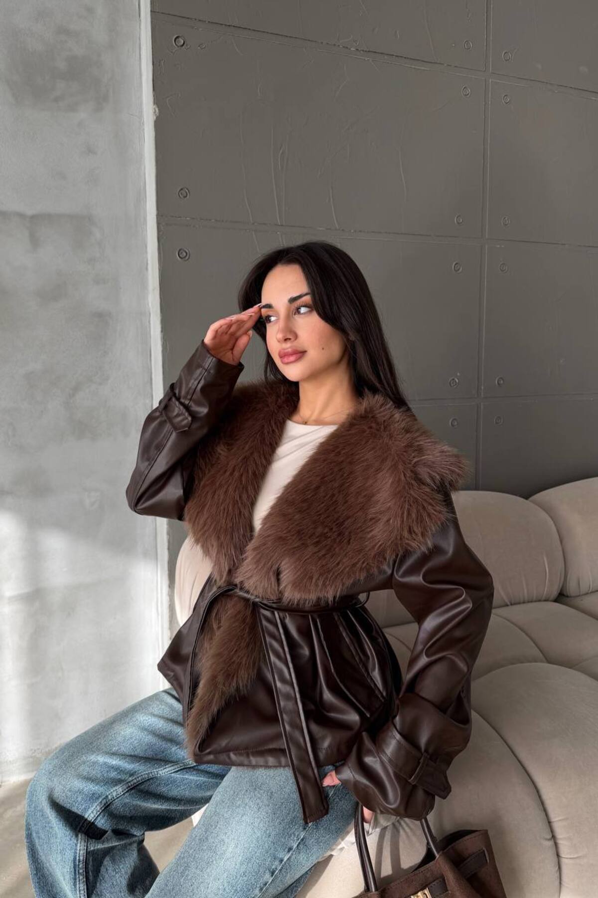 ÖNER  Yeni Sezon Kadın Deri Mont Kürk Yaka Mont Deri Kürk Yaka Deri Ceket Mont Kadın - Görsel 8