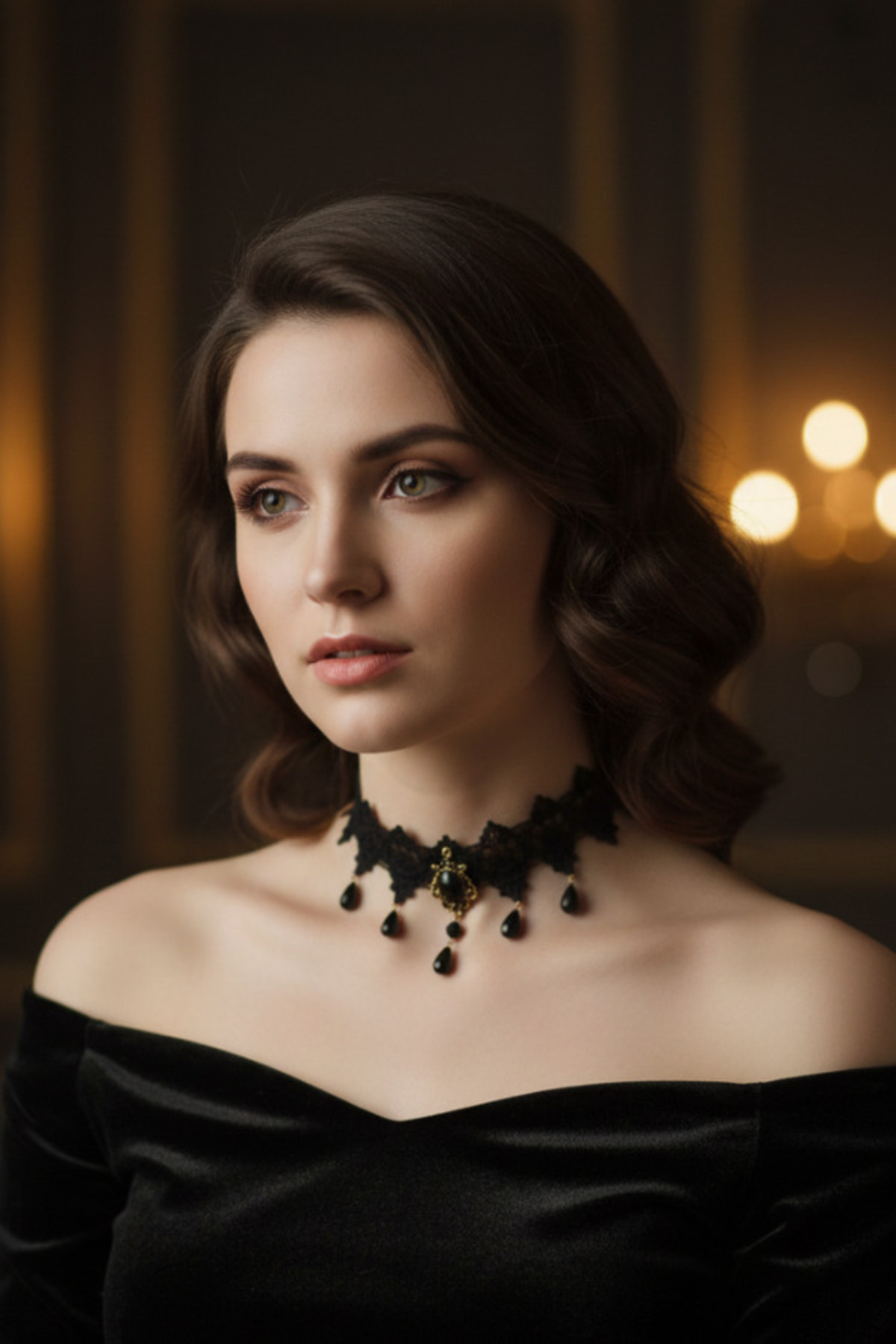 shop Siyah Dantel Choker Kolye - Oval Kristal Taşlı Gotik Boyunluk