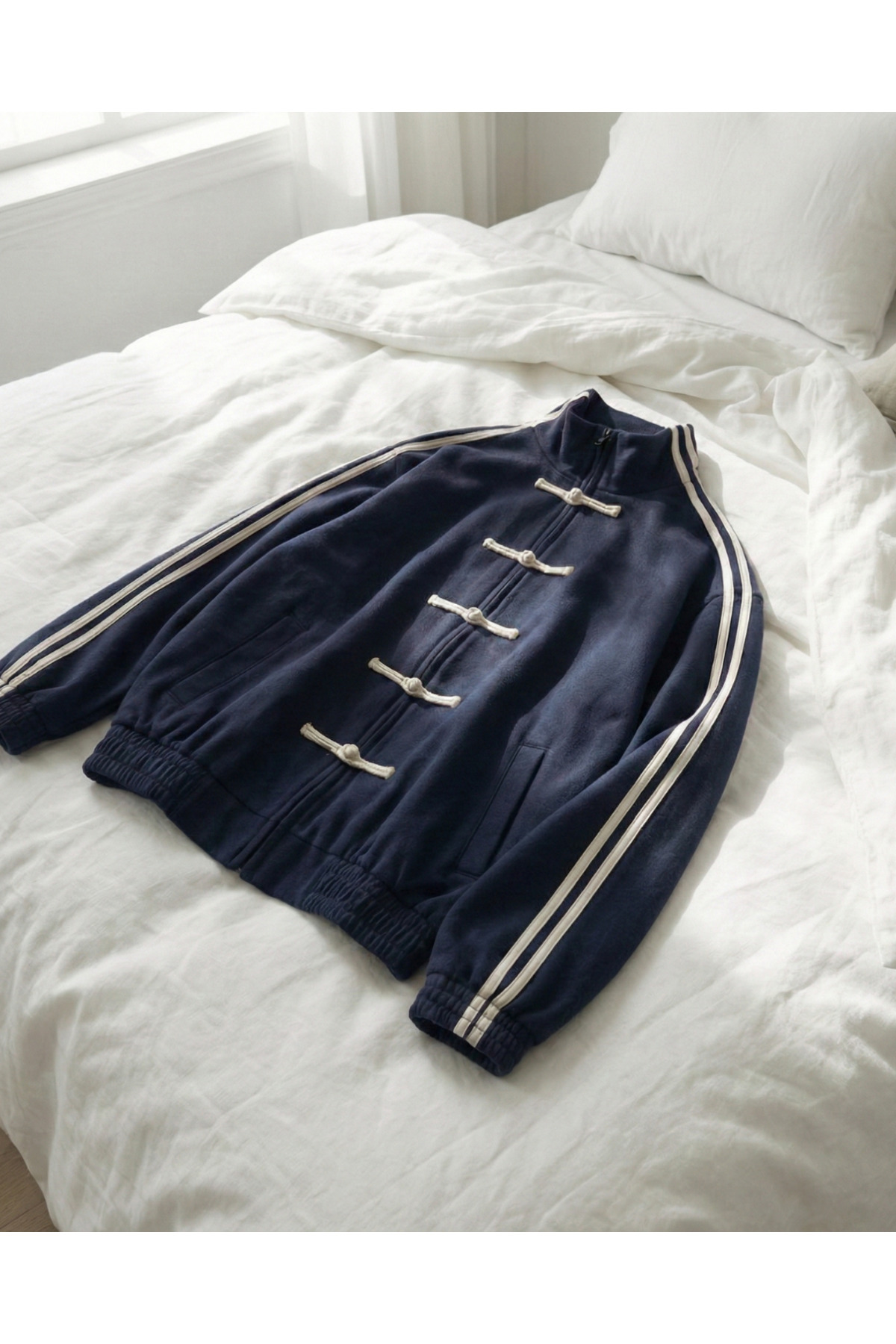 Toum  Çift Çizgili Oversize China Unisex Ceket - Görsel 3