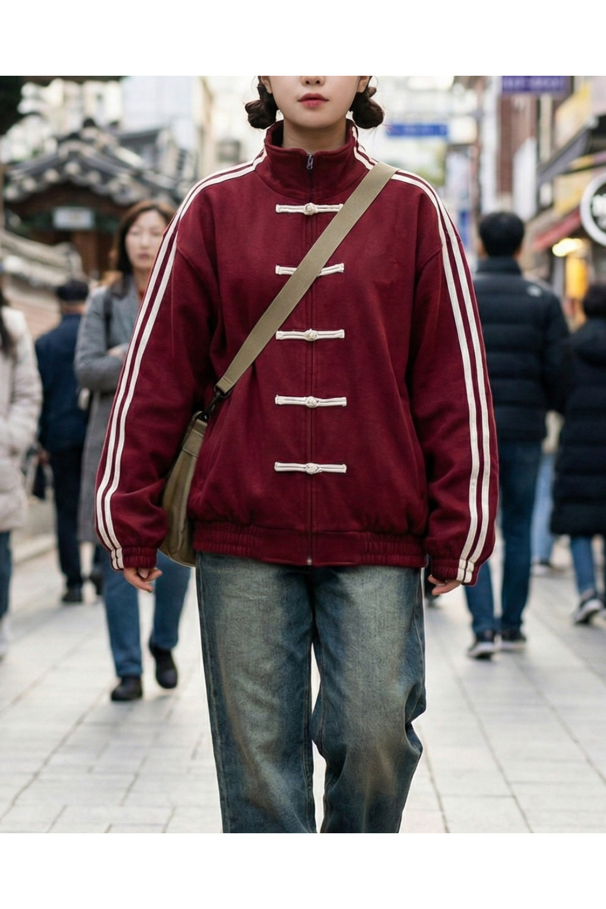 Toum  Çift Çizgili Oversize China Unisex Ceket - Görsel 2