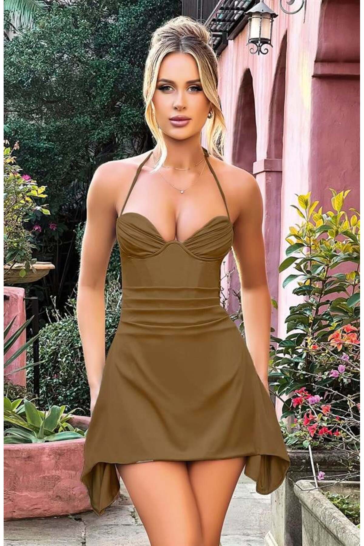 HAYAT STORE Özel Tasarım İnce Askılı Boyundan Bağlamalı Koyu Yeşil Mini Saten Gecelik