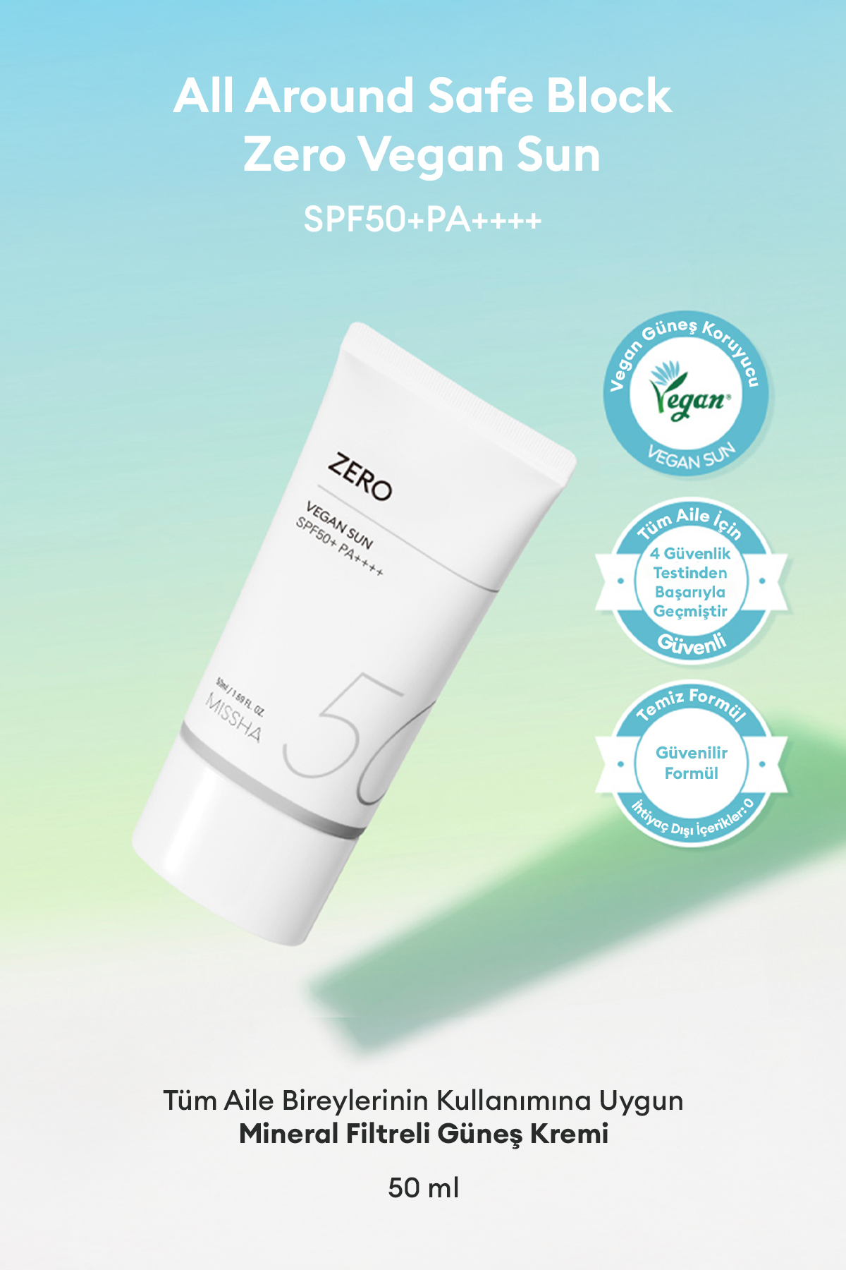 Missha Nazik, Mineral Filtreli Güneş Kremi All Around Safe Block Zero Vegan Sun SPF 50+ PA++++ — 8898