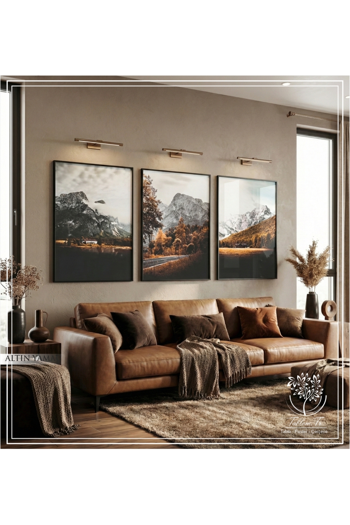 Gold Slope - 3-Piece Decorative Painting with Digital Printed Black Metal Frame and Real Glass