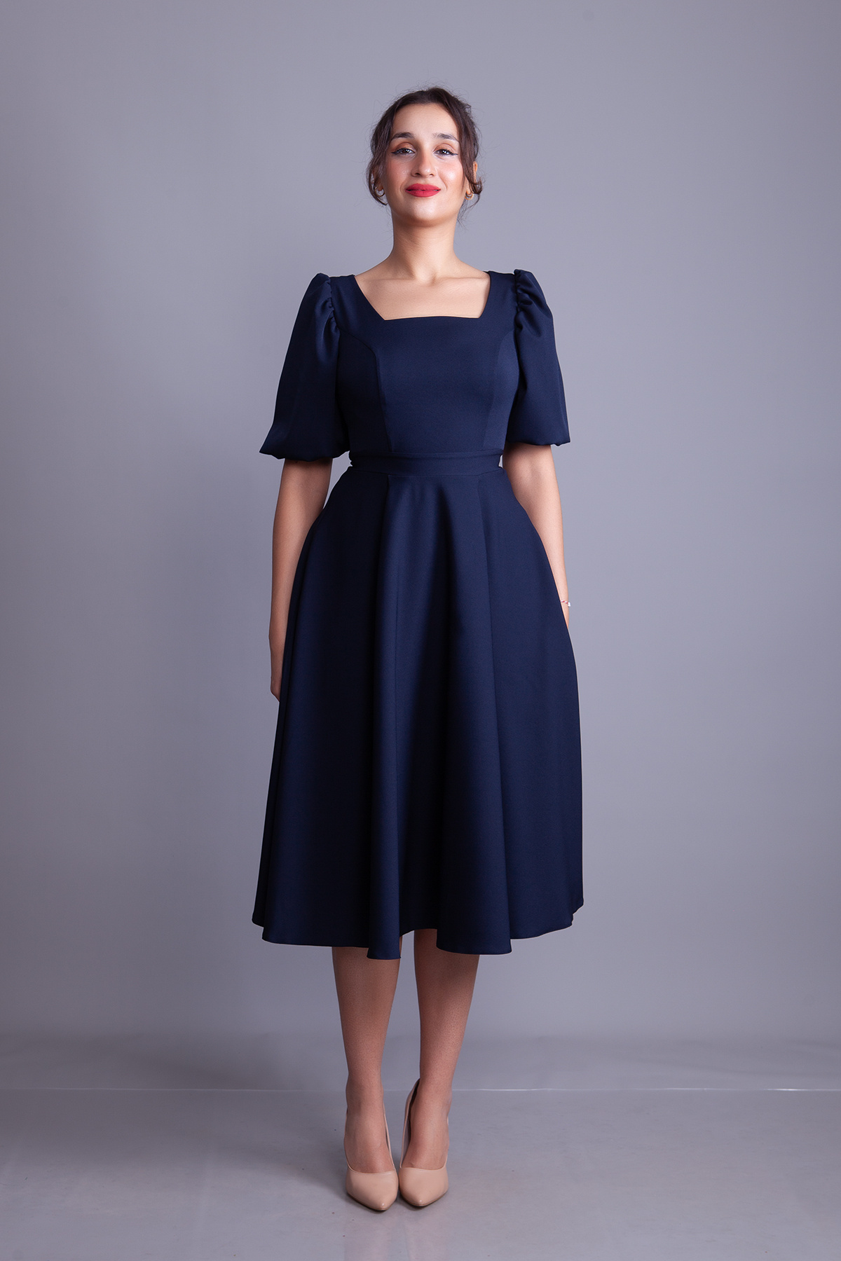 NO48 Black Balloon Sleeve Square Neck Midi Dress- Trendyol