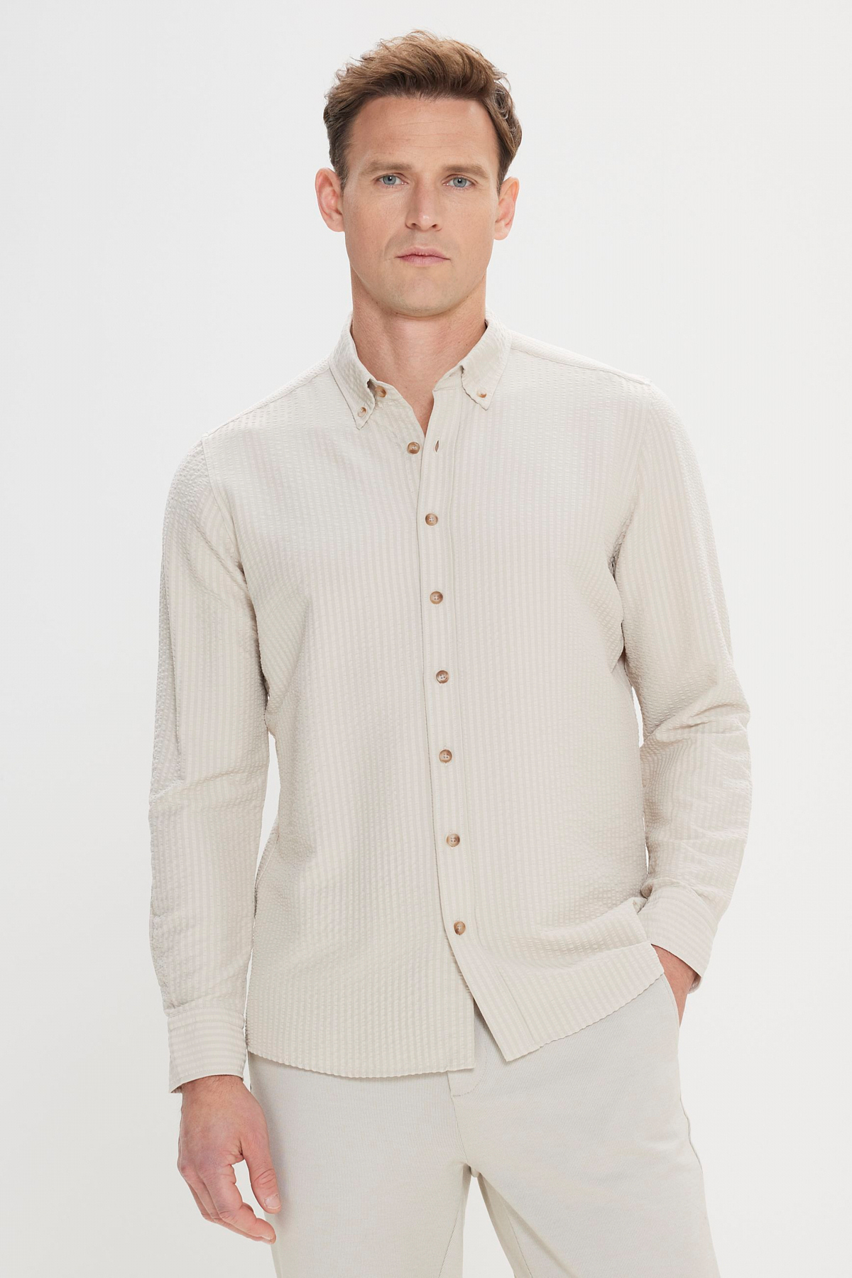 Beige Slim Fit Slim Fit Linen Look Waffle Pattern Buttoned Collar Shirt